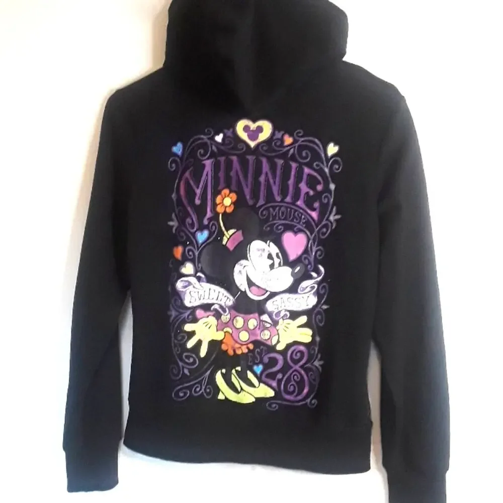 Minnie Mouse Girls Sz M Disney Parks Black All Over over all Graphics Hoodie